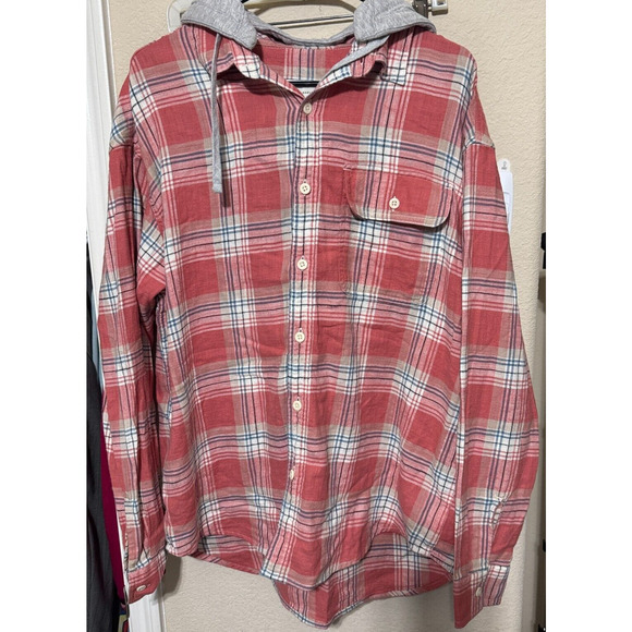 American Eagle Hooded Flannel Shirt Mens Size L pink plaid super soft grunge - Picture 1 of 8